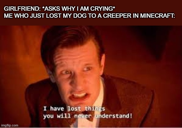 I have lost things | GIRLFRIEND: *ASKS WHY I AM CRYING*
ME WHO JUST LOST MY DOG TO A CREEPER IN MINECRAFT: | image tagged in doctor who,minecraft | made w/ Imgflip meme maker