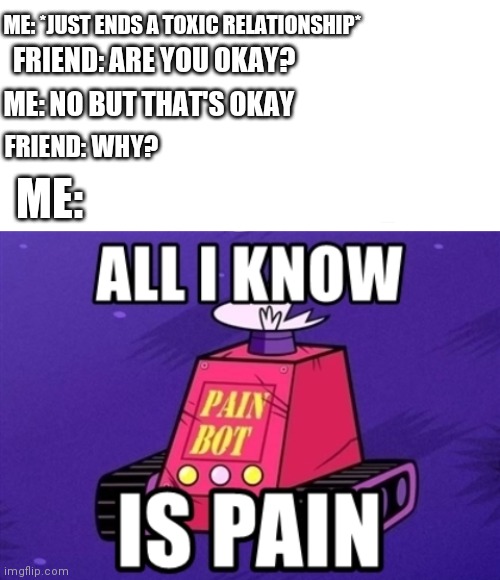 Pain Bot | ME: *JUST ENDS A TOXIC RELATIONSHIP*; FRIEND: ARE YOU OKAY? ME: NO BUT THAT'S OKAY; FRIEND: WHY? ME: | image tagged in pain bot | made w/ Imgflip meme maker