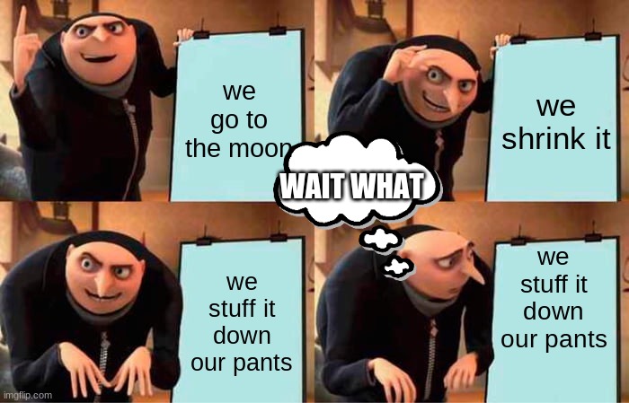 Gru's master plan | we go to the moon; we shrink it; WAIT WHAT; we stuff it down our pants; we stuff it down our pants | image tagged in memes,gru's plan | made w/ Imgflip meme maker