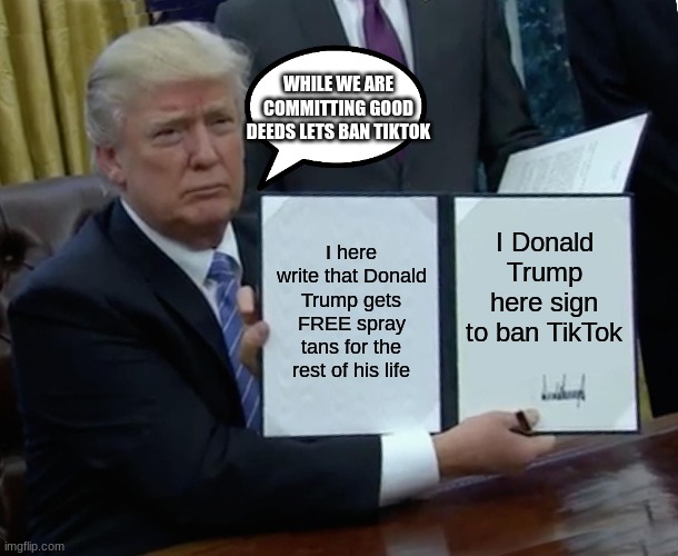 Trump Bill Signing Meme | WHILE WE ARE COMMITTING GOOD DEEDS LETS BAN TIKTOK; I here write that Donald Trump gets FREE spray tans for the rest of his life; I Donald Trump here sign to ban TikTok | image tagged in memes,trump bill signing | made w/ Imgflip meme maker