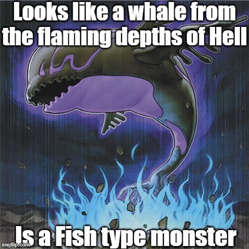 Misleading monster type 16 | Looks like a whale from the flaming depths of Hell; Is a Fish type monster | image tagged in yugioh | made w/ Imgflip meme maker