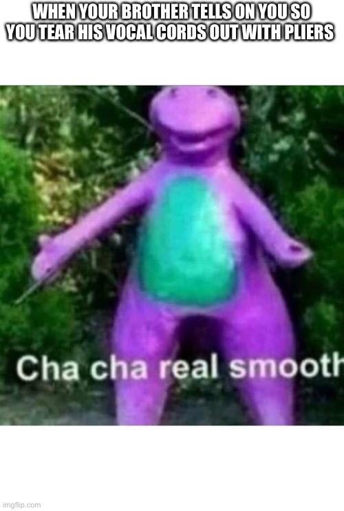 Cha Cha Real Smooth | WHEN YOUR BROTHER TELLS ON YOU SO YOU TEAR HIS VOCAL CORDS OUT WITH PLIERS | image tagged in cha cha real smooth | made w/ Imgflip meme maker