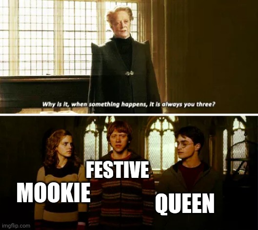 Lmao | FESTIVE; MOOKIE; QUEEN | image tagged in always you three | made w/ Imgflip meme maker