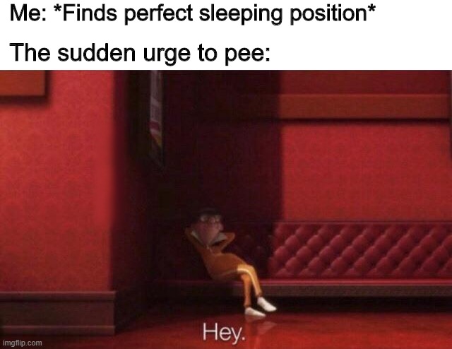 Sleeping Problems #2 | Me: *Finds perfect sleeping position*; The sudden urge to pee: | image tagged in hey,vector,sleep,sleeping | made w/ Imgflip meme maker