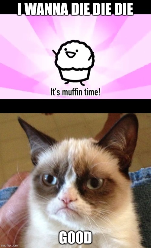 LOL | I WANNA DIE DIE DIE; GOOD | image tagged in it's muffin time,memes,grumpy cat,funny,cats,animals | made w/ Imgflip meme maker