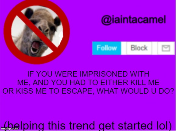 and yes i remove the 'kill yourself' option cause thats just... no | IF YOU WERE IMPRISONED WITH ME, AND YOU HAD TO EITHER KILL ME OR KISS ME TO ESCAPE, WHAT WOULD U DO? (helping this trend get started lol) | image tagged in iaintacamel | made w/ Imgflip meme maker