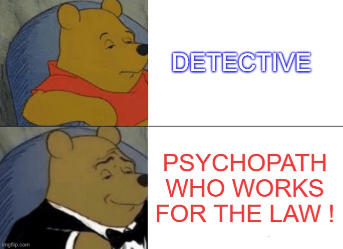 Detective | DETECTIVE; PSYCHOPATH WHO WORKS FOR THE LAW ! | image tagged in memes,tuxedo winnie the pooh | made w/ Imgflip meme maker