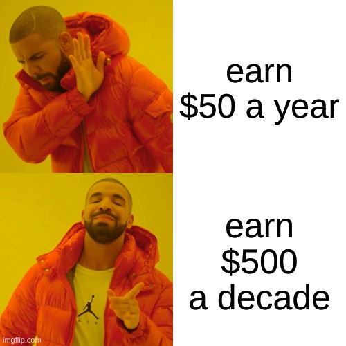 you only understand this if you know maths | earn $50 a year; earn $500 a decade | image tagged in memes,drake hotline bling | made w/ Imgflip meme maker