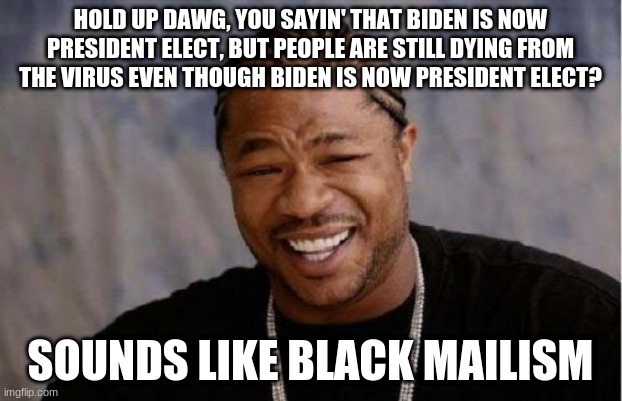 I just created a new word, Blackmailism | HOLD UP DAWG, YOU SAYIN' THAT BIDEN IS NOW PRESIDENT ELECT, BUT PEOPLE ARE STILL DYING FROM THE VIRUS EVEN THOUGH BIDEN IS NOW PRESIDENT ELECT? SOUNDS LIKE BLACK MAILISM | image tagged in memes,yo dawg heard you,hold up | made w/ Imgflip meme maker