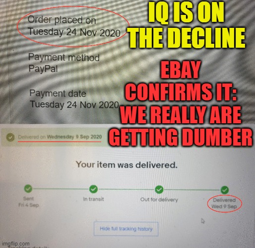 IQ Is On The Decline. We Really Are Getting Dumber | IQ IS ON THE DECLINE; EBAY CONFIRMS IT:
WE REALLY ARE GETTING DUMBER | image tagged in beware of ebay | made w/ Imgflip meme maker