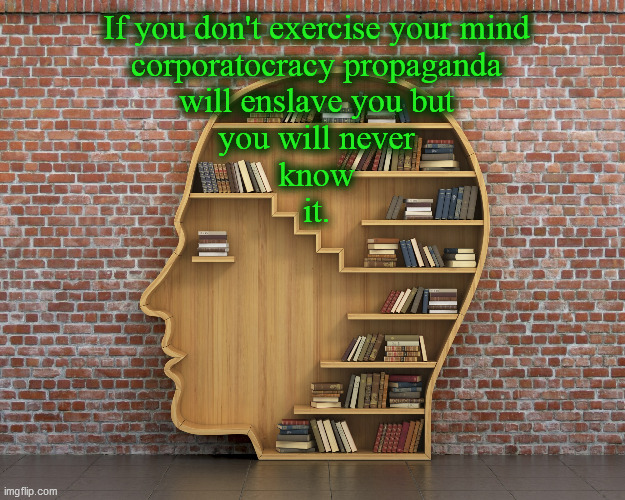 If you don't exercise your mind... | If you don't exercise your mind
corporatocracy propaganda
will enslave you but
you will never
know
it. | image tagged in head shaped book shelf,literature,propaganda,corporate greed,scamdemic,alternative media | made w/ Imgflip meme maker