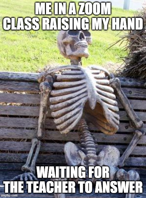 Waiting Skeleton Meme | ME IN A ZOOM CLASS RAISING MY HAND; WAITING FOR THE TEACHER TO ANSWER | image tagged in memes,waiting skeleton | made w/ Imgflip meme maker