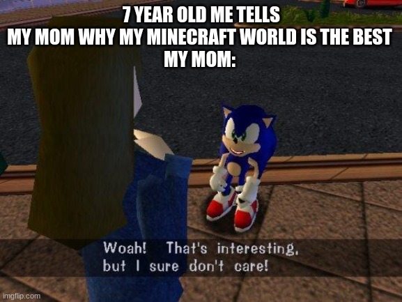 woah that's interesting but i sure dont care | 7 YEAR OLD ME TELLS MY MOM WHY MY MINECRAFT WORLD IS THE BEST 
MY MOM: | image tagged in woah that's interesting but i sure dont care | made w/ Imgflip meme maker