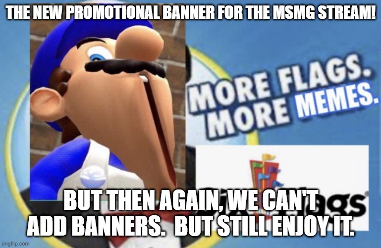 Why I made this I don't know. | THE NEW PROMOTIONAL BANNER FOR THE MSMG STREAM! BUT THEN AGAIN, WE CAN'T ADD BANNERS.  BUT STILL ENJOY IT. | image tagged in more flags more memes smg4 edition,smg4,imgflip | made w/ Imgflip meme maker