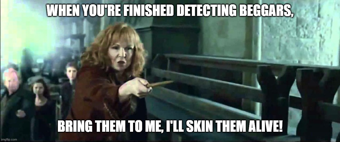 Please send me the beggars' profiles. | WHEN YOU'RE FINISHED DETECTING BEGGARS, BRING THEM TO ME, I'LL SKIN THEM ALIVE! | image tagged in molly weasley,upvote begging | made w/ Imgflip meme maker