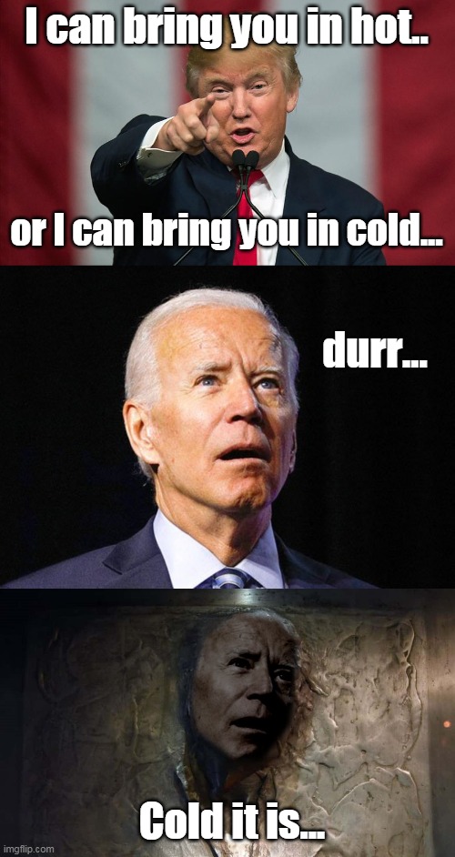 Mandalorian Season 3 - Premier January 21st | I can bring you in hot.. or I can bring you in cold... durr... Cold it is... | image tagged in donald trump birthday,joe biden,mandalorian,voter fraud,drain the swamp,arrest biden | made w/ Imgflip meme maker