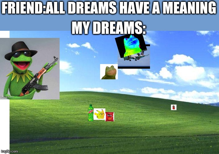 heh, yea right | FRIEND:ALL DREAMS HAVE A MEANING; MY DREAMS: | image tagged in my dream,kermit,mlg | made w/ Imgflip meme maker
