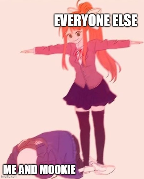 why. just why. ;-; | EVERYONE ELSE; ME AND MOOKIE | image tagged in anime t pose | made w/ Imgflip meme maker