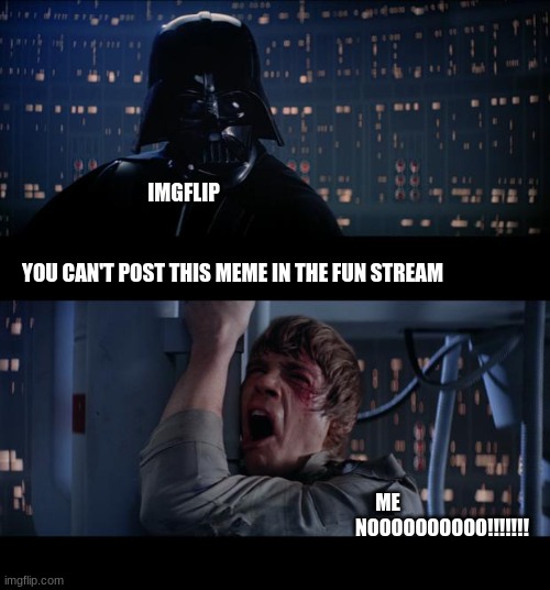 This actually happened to me today | IMGFLIP                                                                                
                                                                                            
 YOU CAN'T POST THIS MEME IN THE FUN STREAM; ME                                                                                                      NOOOOOOOOOO!!!!!!! | image tagged in memes,star wars no | made w/ Imgflip meme maker