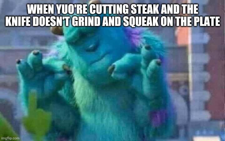 I know theres a typo im sorry | WHEN YUO'RE CUTTING STEAK AND THE KNIFE DOESN'T GRIND AND SQUEAK ON THE PLATE | image tagged in sully shutdown,meme | made w/ Imgflip meme maker