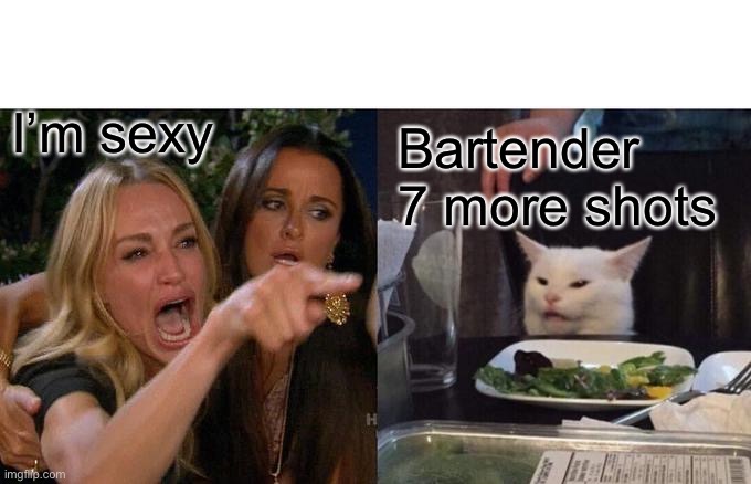 Yelling at cat | I’m sexy; Bartender 7 more shots | image tagged in memes,woman yelling at cat | made w/ Imgflip meme maker