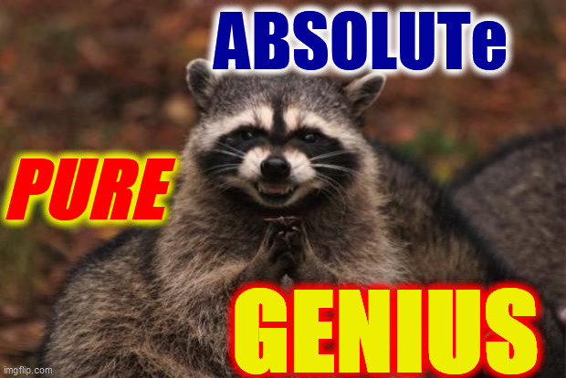 evil genius racoon | PURE GENIUS ABSOLUTe | image tagged in evil genius racoon | made w/ Imgflip meme maker