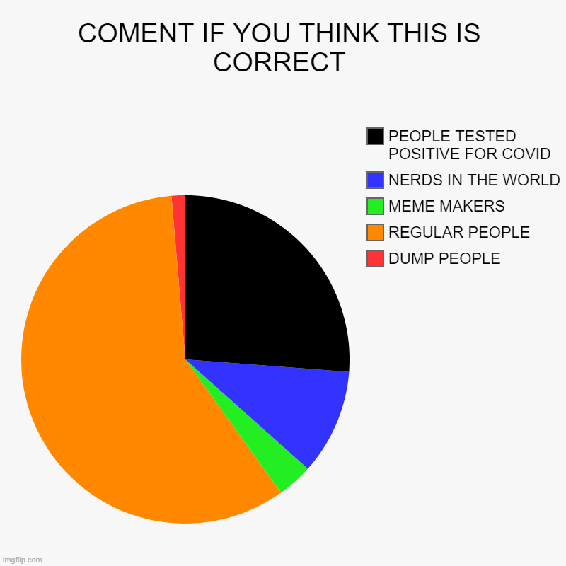 Graph | COMENT IF YOU THINK THIS IS CORRECT | DUMP PEOPLE, REGULAR PEOPLE, MEME MAKERS, NERDS IN THE WORLD, PEOPLE TESTED POSITIVE FOR COVID | image tagged in charts,pie charts | made w/ Imgflip chart maker