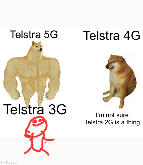Telstra needs to count | Telstra 5G; Telstra 4G; Telstra 3G; I’m not sure Telstra 2G is a thing | image tagged in memes,buff doge vs cheems | made w/ Imgflip meme maker