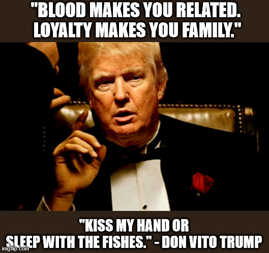 Republicans:  Kiss my hand or sleep with the fishes | "BLOOD MAKES YOU RELATED.
  LOYALTY MAKES YOU FAMILY."; "KISS MY HAND OR
SLEEP WITH THE FISHES." - DON VITO TRUMP | image tagged in president trump,republicans,election 2020,donald trump you're fired | made w/ Imgflip meme maker