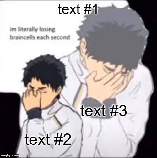 New template: im literally losing braincells each second | text #1; text #3; text #2 | image tagged in im literally losing braincells each second | made w/ Imgflip meme maker
