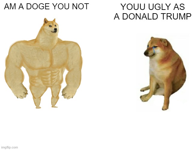 Buff Doge vs. Cheems | AM A DOGE YOU NOT; YOUU UGLY AS A DONALD TRUMP | image tagged in memes,buff doge vs cheems | made w/ Imgflip meme maker