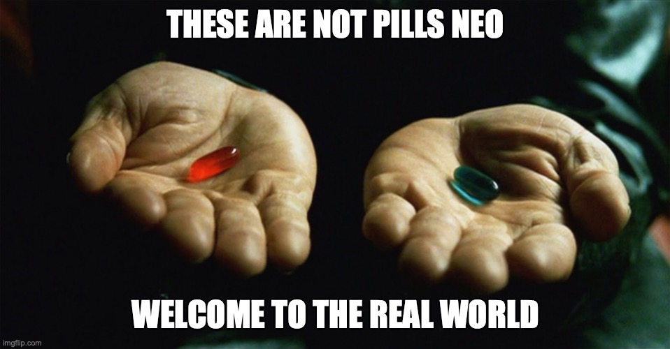 Painful Reality | THESE ARE NOT PILLS NEO; WELCOME TO THE REAL WORLD | image tagged in red pill blue pill | made w/ Imgflip meme maker