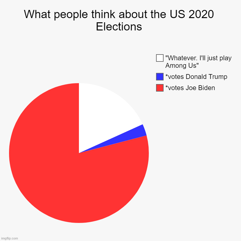 What people think about the US 2020 Elections | *votes Joe Biden, *votes Donald Trump, "Whatever. I'll just play Among Us" | image tagged in charts,pie charts | made w/ Imgflip chart maker