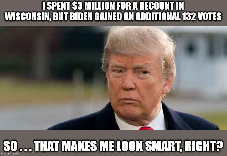 Trump Wastes $3 Million in Wisconsin | I SPENT $3 MILLION FOR A RECOUNT IN WISCONSIN, BUT BIDEN GAINED AN ADDITIONAL 132 VOTES; SO . . . THAT MAKES ME LOOK SMART, RIGHT? | image tagged in president trump,wisconsin,recount,voter fraud,election 2020 | made w/ Imgflip meme maker