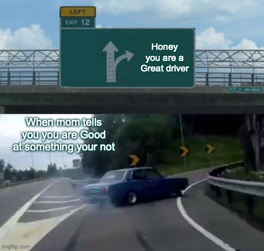 Left Exit 12 Off Ramp | Honey you are a Great driver; When mom tells you you are Good at something your not | image tagged in memes,left exit 12 off ramp | made w/ Imgflip meme maker