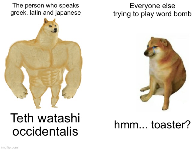Buff Doge vs. Cheems | The person who speaks greek, latin and japanese; Everyone else trying to play word bomb; Teth watashi occidentalis; hmm... toaster? | image tagged in memes,buff doge vs cheems | made w/ Imgflip meme maker