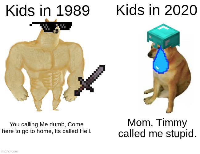 Buff Doge vs. Cheems | Kids in 1989; Kids in 2020; You calling Me dumb, Come here to go to home, Its called Hell. Mom, Timmy called me stupid. | image tagged in memes,buff doge vs cheems | made w/ Imgflip meme maker