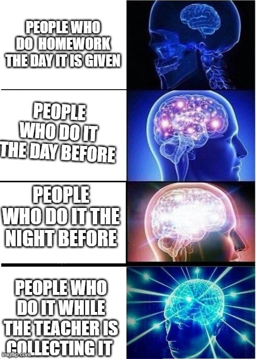 Expanding Brain Meme | PEOPLE WHO DO  HOMEWORK THE DAY IT IS GIVEN; PEOPLE WHO DO IT THE DAY BEFORE; PEOPLE WHO DO IT THE NIGHT BEFORE; PEOPLE WHO DO IT WHILE THE TEACHER IS COLLECTING IT | image tagged in memes,expanding brain | made w/ Imgflip meme maker