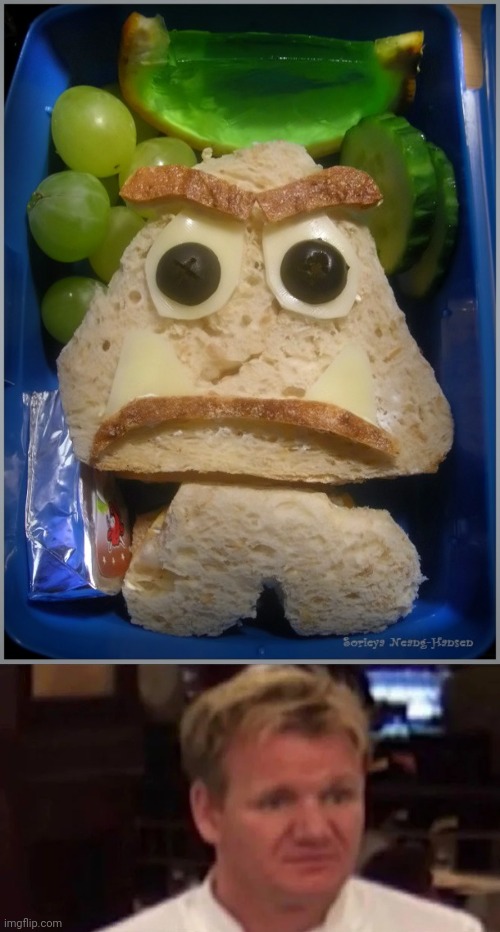 My eyes is ruined | image tagged in disgusted gordon ramsay,goomba,super mario bros,sandwich,yuck | made w/ Imgflip meme maker