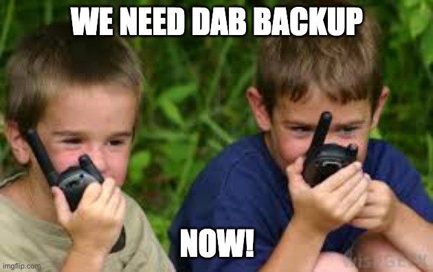 Two kids talks at walkie-talkie | WE NEED DAB BACKUP NOW! | image tagged in two kids talks at walkie-talkie | made w/ Imgflip meme maker