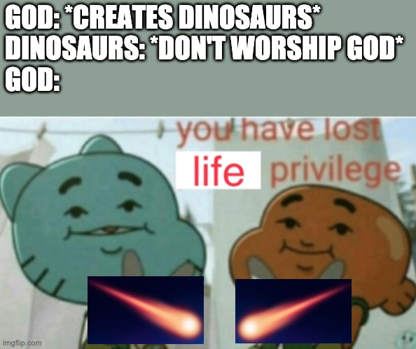 Maybe if they built a church or something they would've lived | GOD: *CREATES DINOSAURS*
DINOSAURS: *DON'T WORSHIP GOD*
GOD: | image tagged in you have lost life privilege | made w/ Imgflip meme maker