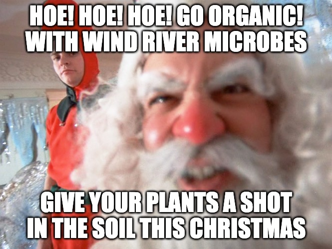 Hoe! Hoe! Hoe! Go Organic with Wind River Microbes! | HOE! HOE! HOE! GO ORGANIC!
WITH WIND RIVER MICROBES; GIVE YOUR PLANTS A SHOT IN THE SOIL THIS CHRISTMAS | image tagged in christmas story santa claus | made w/ Imgflip meme maker