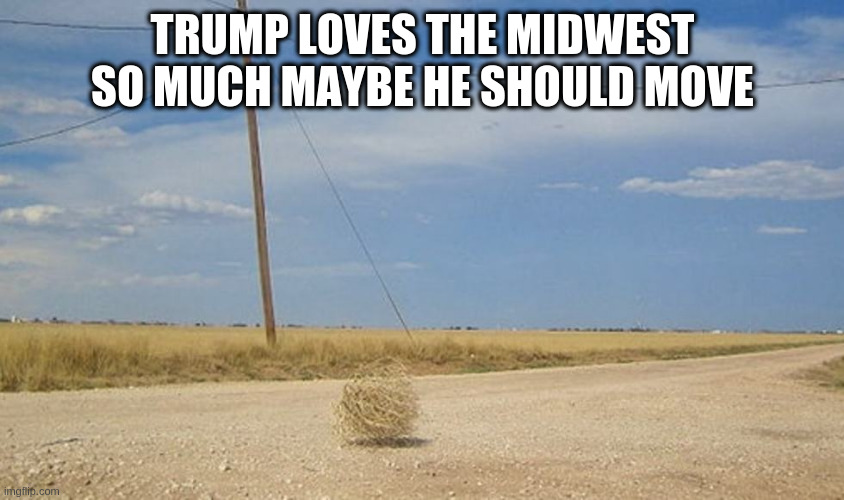 Tumbleweed | TRUMP LOVES THE MIDWEST SO MUCH MAYBE HE SHOULD MOVE | image tagged in tumbleweed | made w/ Imgflip meme maker