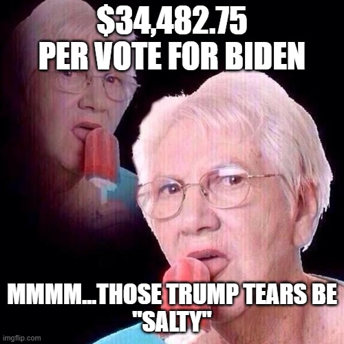 Trump Tears | $34,482.75 PER VOTE FOR BIDEN; MMMM...THOSE TRUMP TEARS BE
"SALTY" | image tagged in donald trump,loser,sore loser,fraud,fail,tears | made w/ Imgflip meme maker