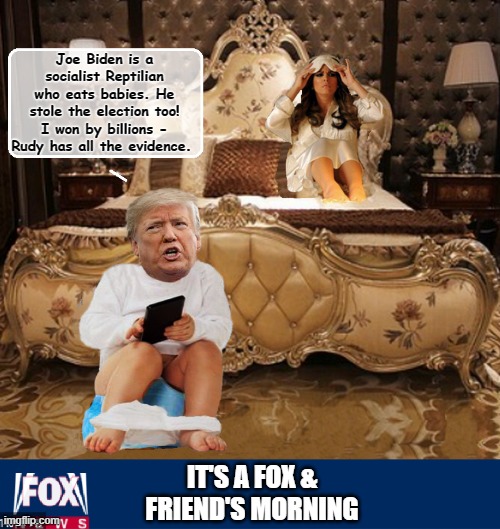 He Does His Best Work On The Potty! | Joe Biden is a socialist Reptilian who eats babies. He stole the election too! I won by billions - Rudy has all the evidence. IT'S A FOX & FRIEND'S MORNING | image tagged in fox news,donald trump,trump is a moron,melania trump,donald trump is an idiot | made w/ Imgflip meme maker