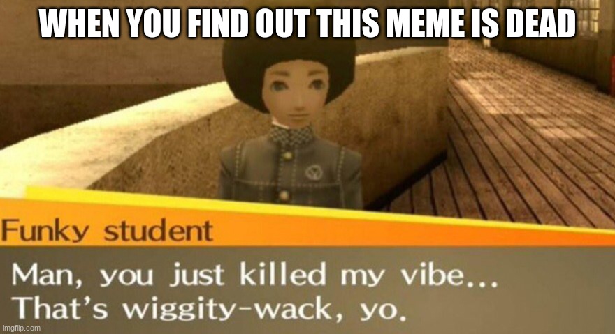 you all killed my vibe thats wiggity wack yo | WHEN YOU FIND OUT THIS MEME IS DEAD | image tagged in funky student | made w/ Imgflip meme maker