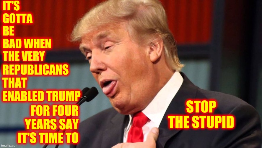 Stop. The. Stupid. | IT'S GOTTA BE BAD WHEN THE VERY; STOP THE STUPID; REPUBLICANS THAT ENABLED TRUMP; FOR FOUR YEARS SAY IT'S TIME TO | image tagged in stupid trump,memes,stop the stupid,trump unfit unqualified dangerous,liar in chief,lock him up | made w/ Imgflip meme maker