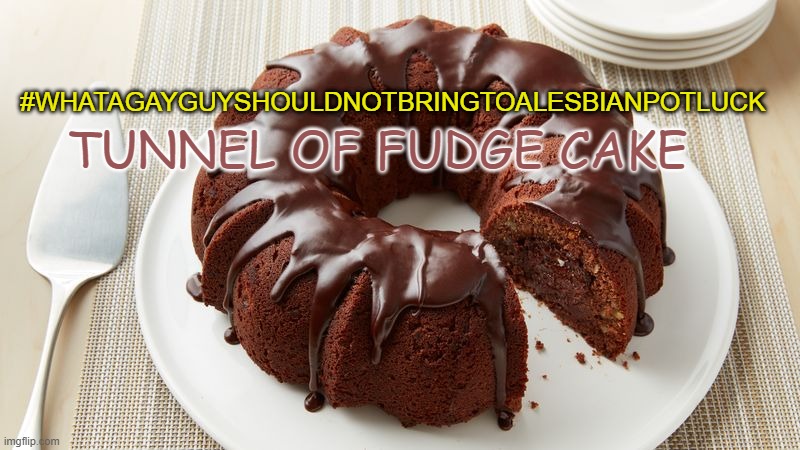 TUNNEL OF FUDGE CAKE; #WHATAGAYGUYSHOULDNOTBRINGTOALESBIANPOTLUCK | made w/ Imgflip meme maker