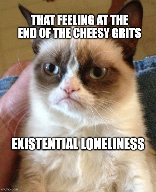 Grumpy Cat | THAT FEELING AT THE END OF THE CHEESY GRITS; EXISTENTIAL LONELINESS | image tagged in memes,grumpy cat | made w/ Imgflip meme maker