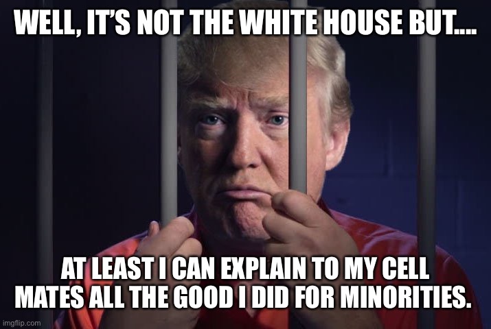 Trump in jail  | WELL, IT’S NOT THE WHITE HOUSE BUT.... AT LEAST I CAN EXPLAIN TO MY CELL MATES ALL THE GOOD I DID FOR MINORITIES. | image tagged in trump in jail | made w/ Imgflip meme maker